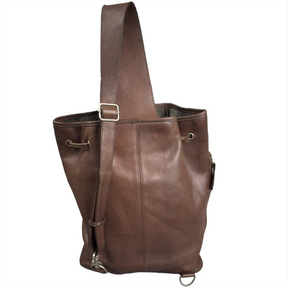 Vintage Sundance Brown Leather Bucket Bag Drawstring Boho Crossbody Backpack - Picture 3 of 10